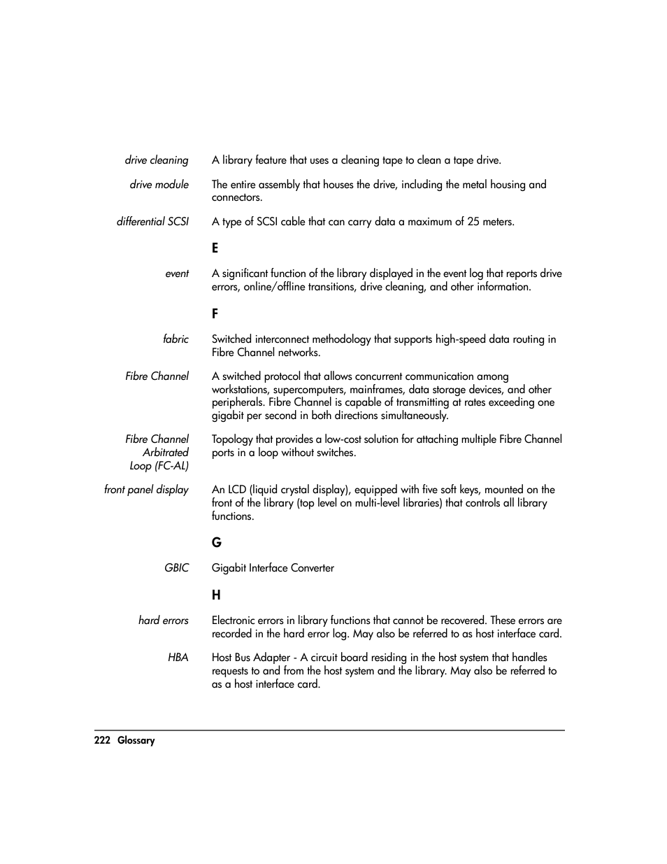 Drive cleaning, Drive module, Differential scsi | Event, Fabric, Fibre channel, Fibre channel arbitrated loop (fc-al), Front panel display, Gbic, Hard errors | HP Surestore 10.100 Tape Library User Manual | Page 224 / 238
