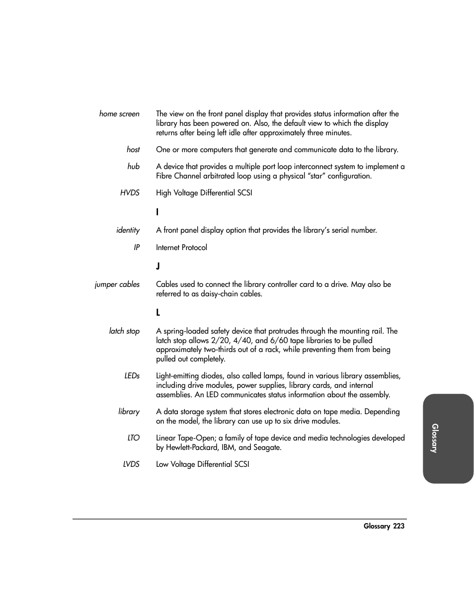 Home screen, Host, Hvds | Identity, Jumper cables, Latch stop, Leds, Library, Lvds | HP Surestore 10.100 Tape Library User Manual | Page 225 / 238