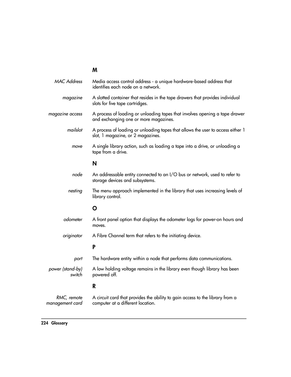 Mac address, Magazine, Magazine access | Mailslot, Move, Node, Nesting, Odometer, Originator, Port | HP Surestore 10.100 Tape Library User Manual | Page 226 / 238