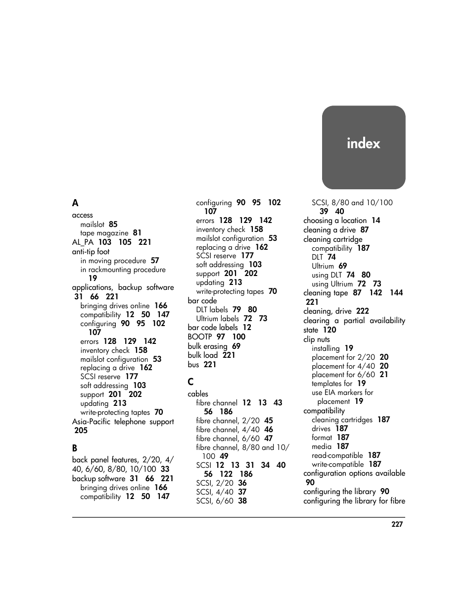 Index | HP Surestore 10.100 Tape Library User Manual | Page 229 / 238