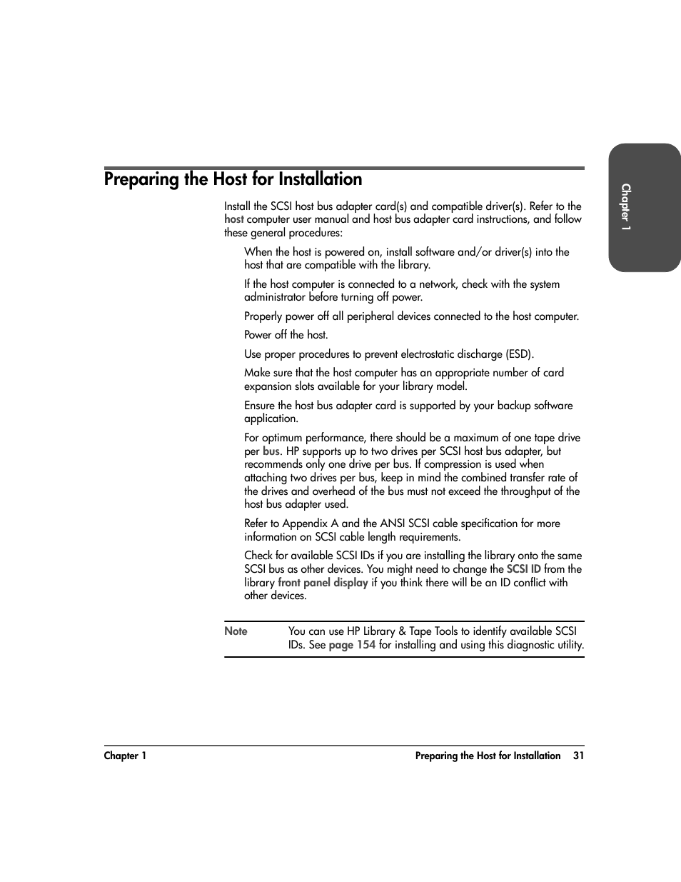 Preparing the host for installation, Preparing the host for installation 31 | HP Surestore 10.100 Tape Library User Manual | Page 33 / 238