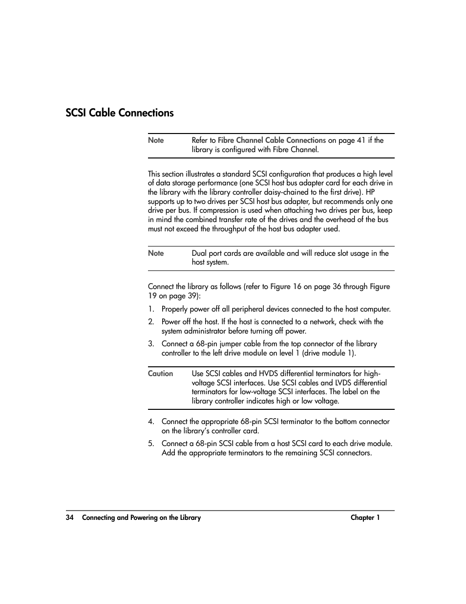 Scsi cable connections, Scsi cable connections 34 | HP Surestore 10.100 Tape Library User Manual | Page 36 / 238