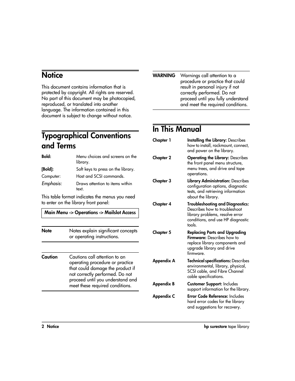 In this manual, Notice, Typographical conventions and terms | HP Surestore 10.100 Tape Library User Manual | Page 4 / 238