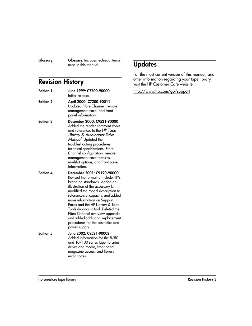 Revision history, Updates | HP Surestore 10.100 Tape Library User Manual | Page 5 / 238