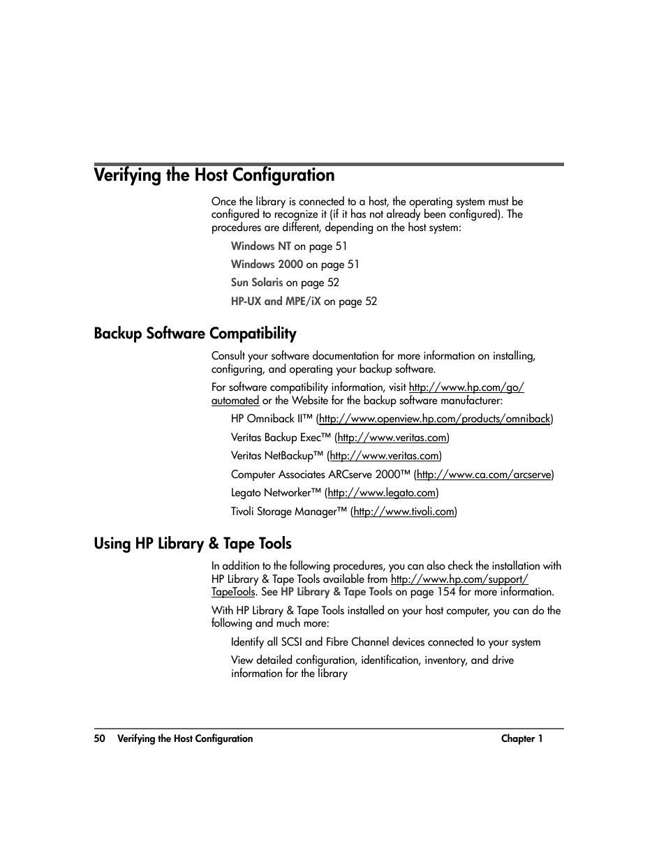 Verifying the host configuration, Backup software compatibility, Using hp library & tape tools | Verifying the host configuration 50 | HP Surestore 10.100 Tape Library User Manual | Page 52 / 238