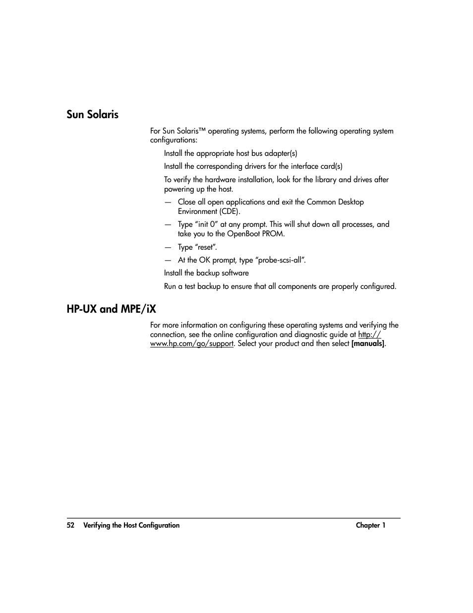 Sun solaris, Hp-ux and mpe/ix, Sun solaris 52 hp-ux and mpe/ix 52 | HP Surestore 10.100 Tape Library User Manual | Page 54 / 238