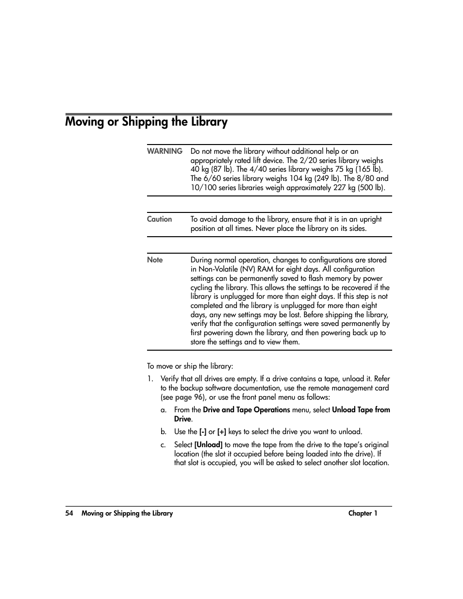 Moving or shipping the library, Moving or shipping the library 54 | HP Surestore 10.100 Tape Library User Manual | Page 56 / 238