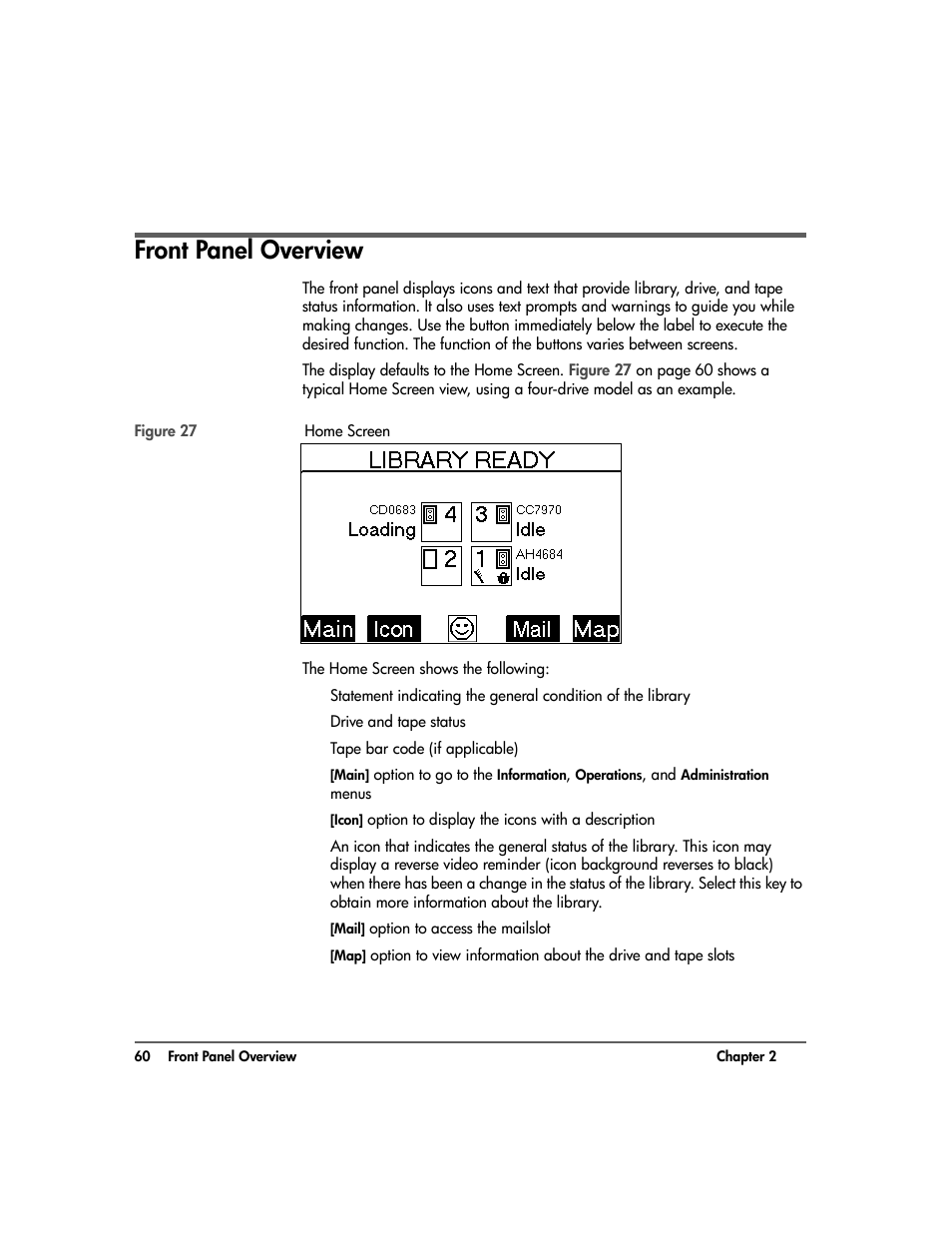 Front panel overview, Front panel overview 60 | HP Surestore 10.100 Tape Library User Manual | Page 62 / 238