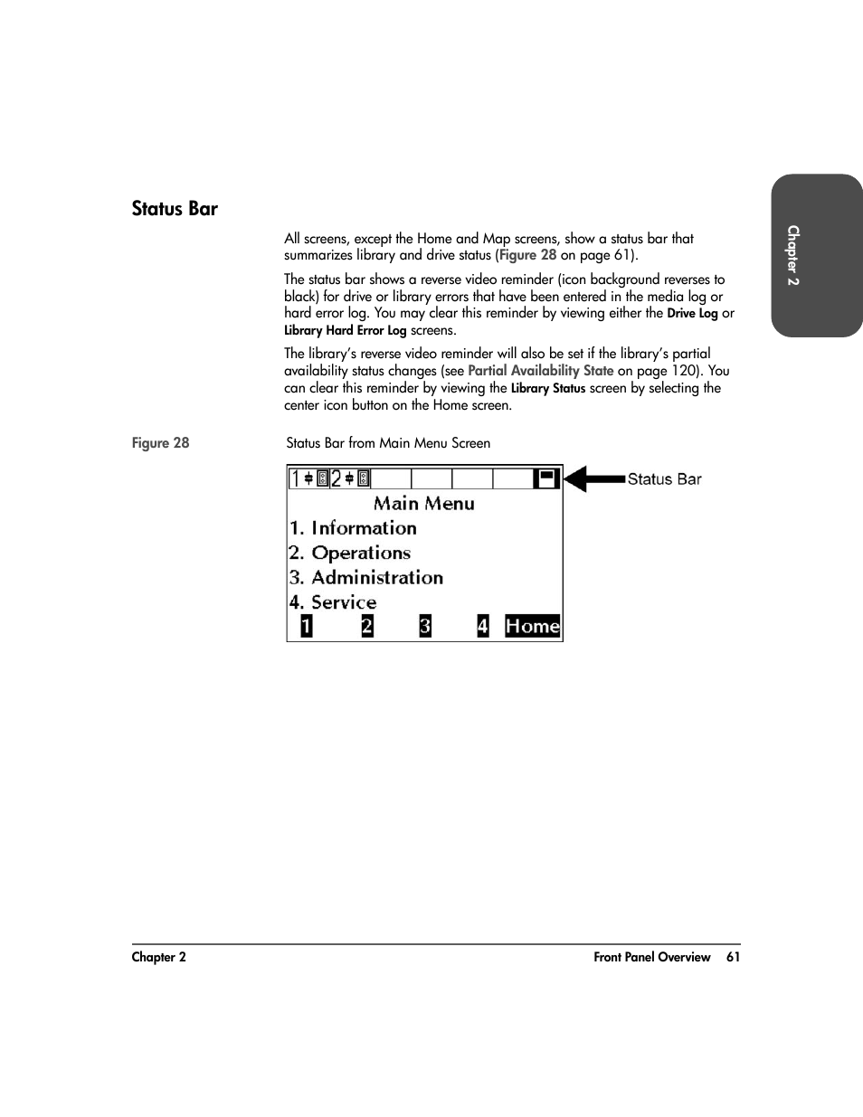 Status bar, Status bar 61 | HP Surestore 10.100 Tape Library User Manual | Page 63 / 238