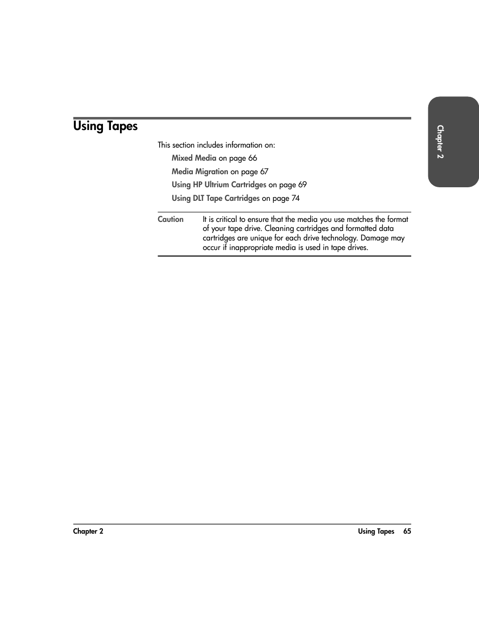 Using tapes, Using tapes 65 | HP Surestore 10.100 Tape Library User Manual | Page 67 / 238