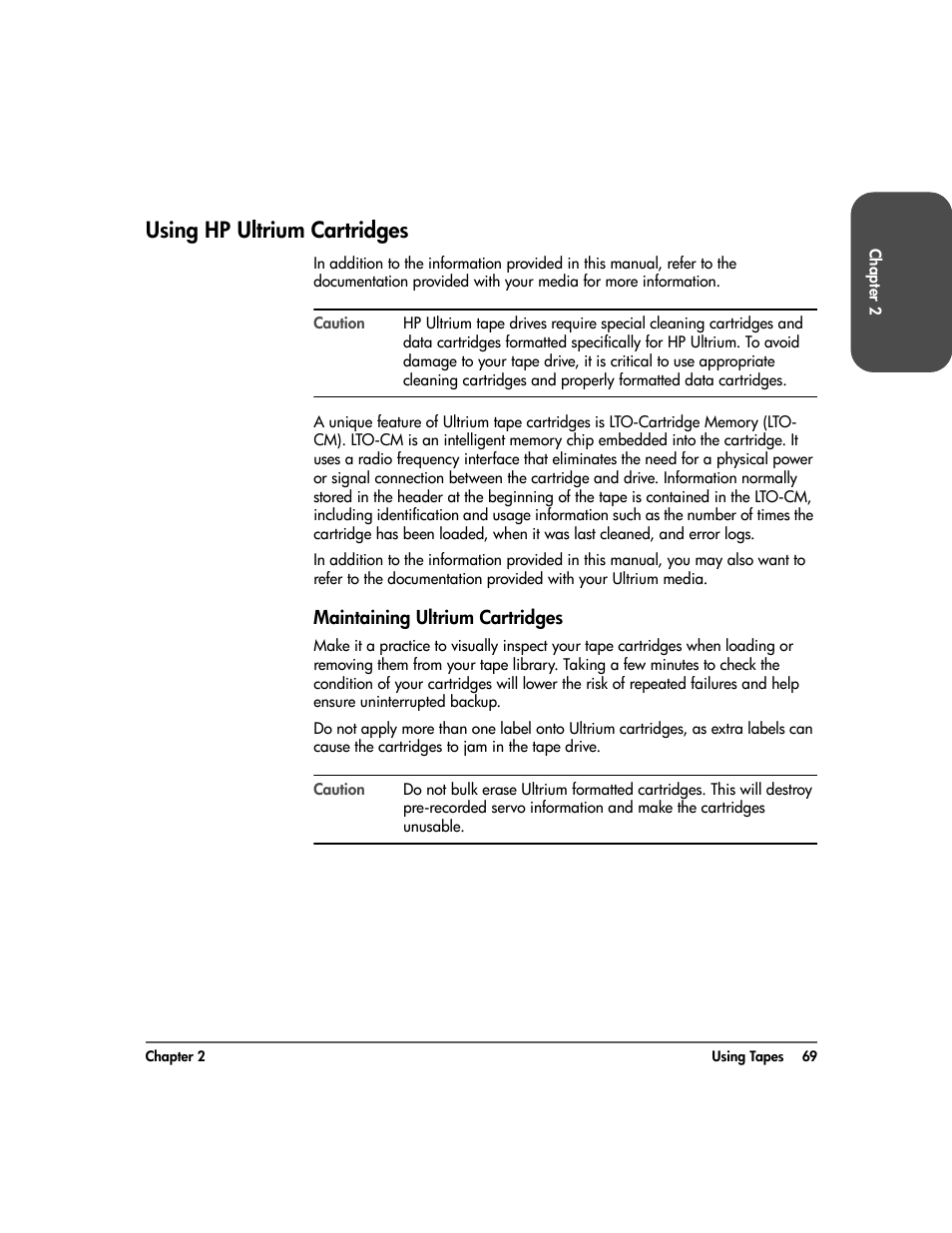 Using hp ultrium cartridges, Maintaining ultrium cartridges, Using hp ultrium cartridges 69 | Maintaining ultrium cartridges 69 | HP Surestore 10.100 Tape Library User Manual | Page 71 / 238