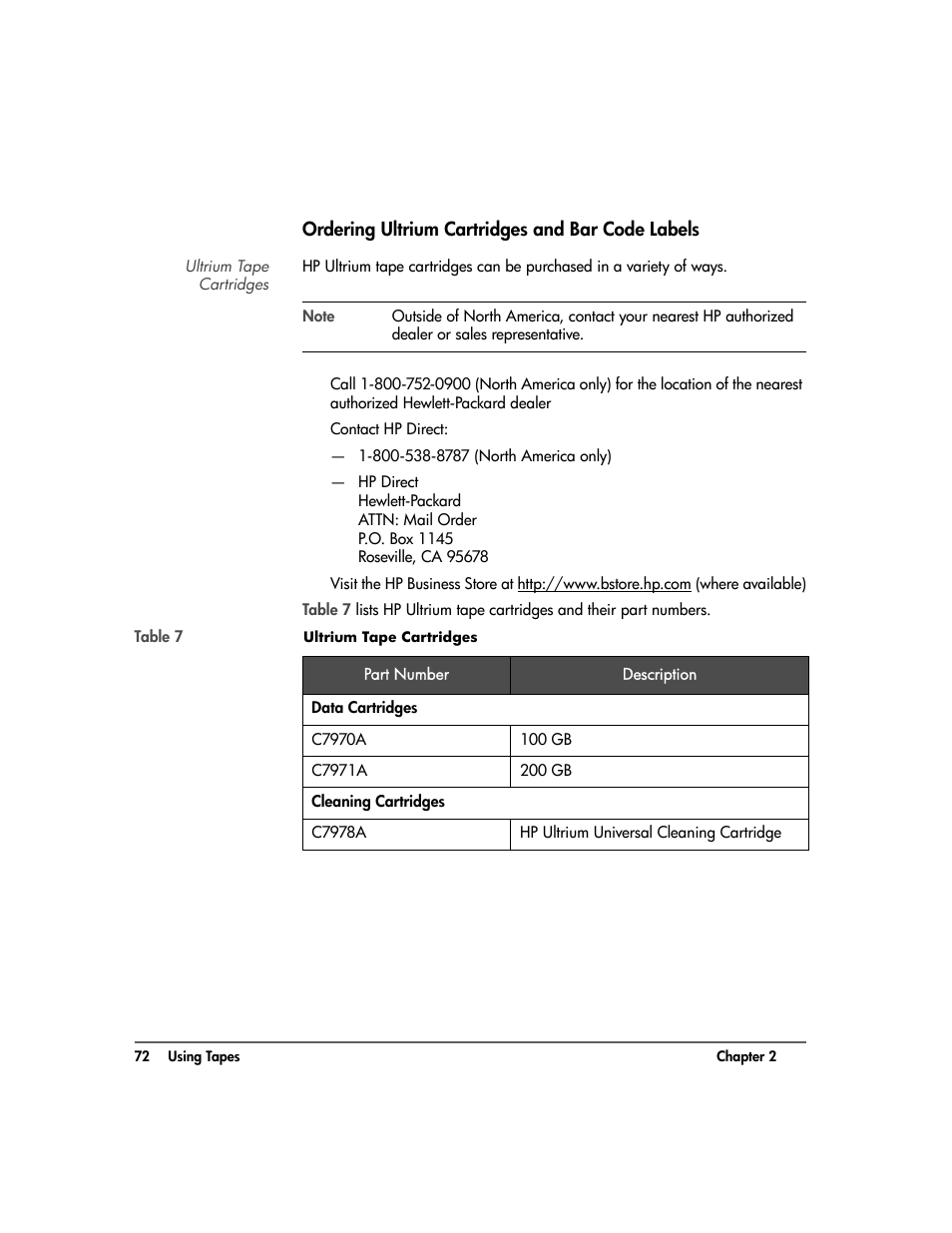 Ordering ultrium cartridges and bar code labels, Ultrium tape cartridges, Ordering ultrium cartridges and bar code labels 72 | HP Surestore 10.100 Tape Library User Manual | Page 74 / 238