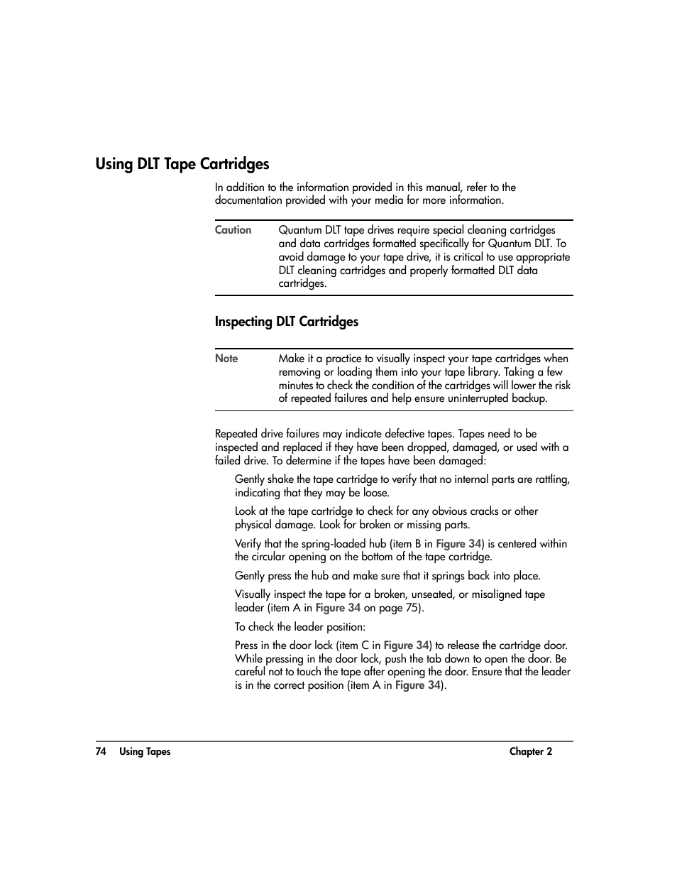 Using dlt tape cartridges, Inspecting dlt cartridges, Using dlt tape cartridges 74 | Inspecting dlt cartridges 74 | HP Surestore 10.100 Tape Library User Manual | Page 76 / 238