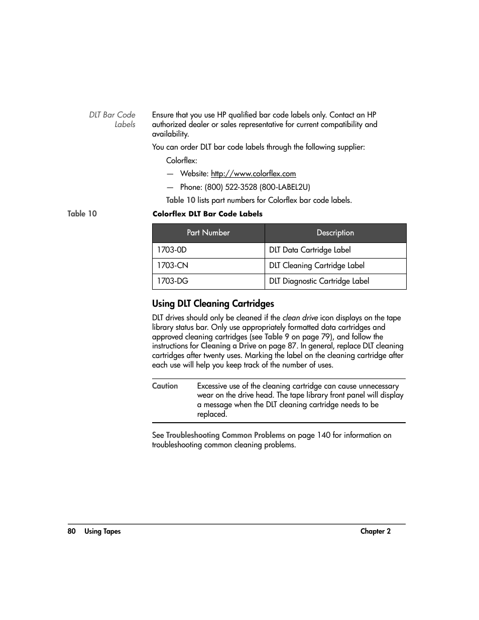 Dlt bar code labels, Using dlt cleaning cartridges, Using dlt cleaning cartridges 80 | HP Surestore 10.100 Tape Library User Manual | Page 82 / 238