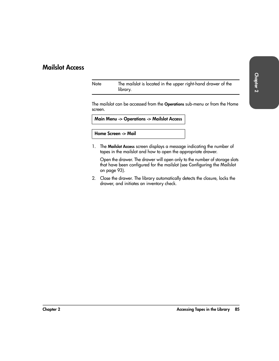 Mailslot access, Mailslot access 85 | HP Surestore 10.100 Tape Library User Manual | Page 87 / 238