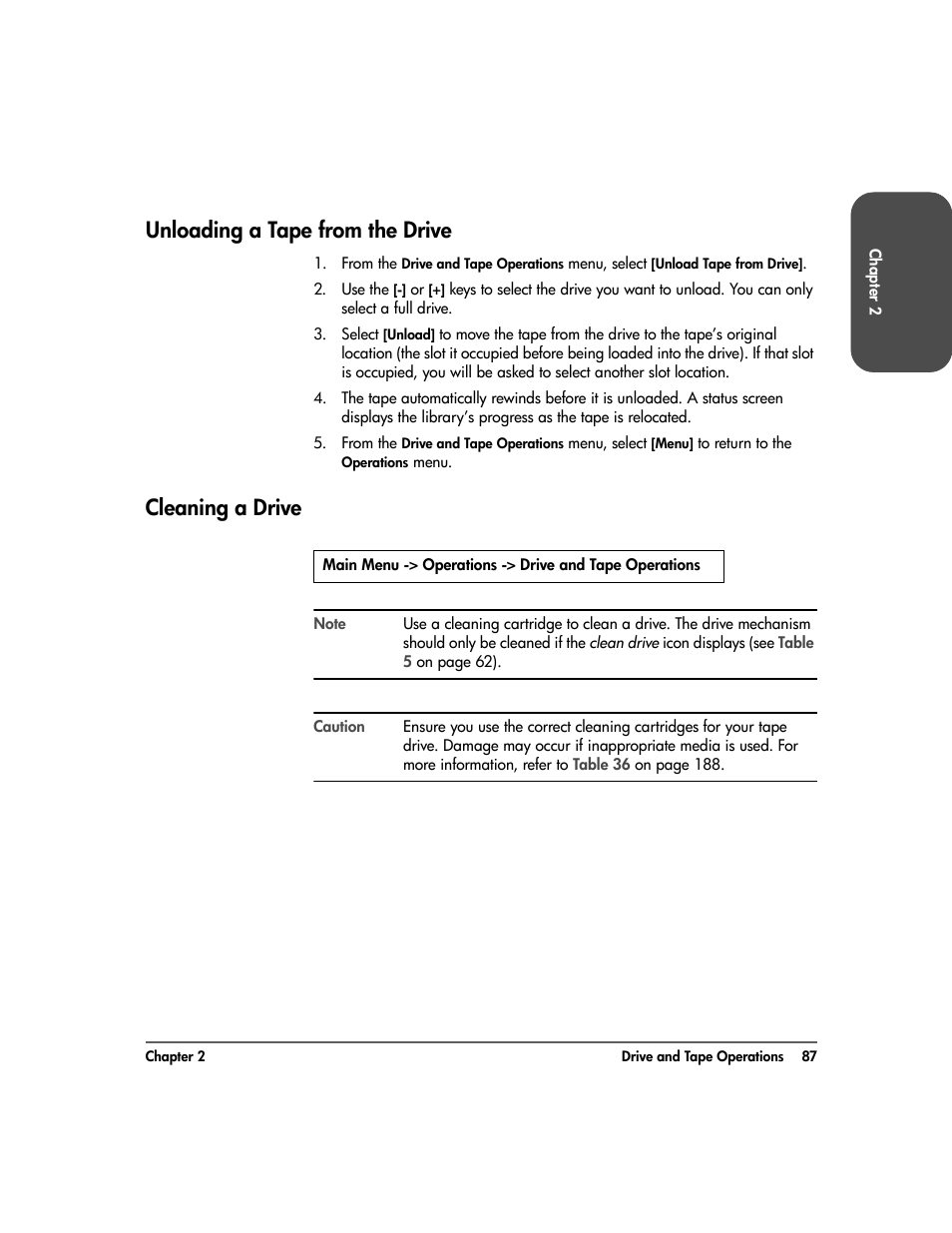 Unloading a tape from the drive, Cleaning a drive | HP Surestore 10.100 Tape Library User Manual | Page 89 / 238