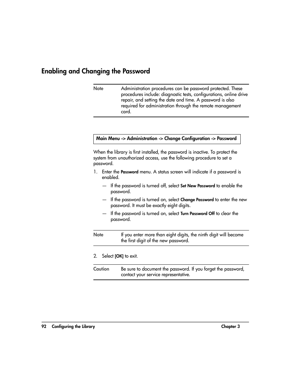 Enabling and changing the password, Enabling and changing the password 92 | HP Surestore 10.100 Tape Library User Manual | Page 94 / 238