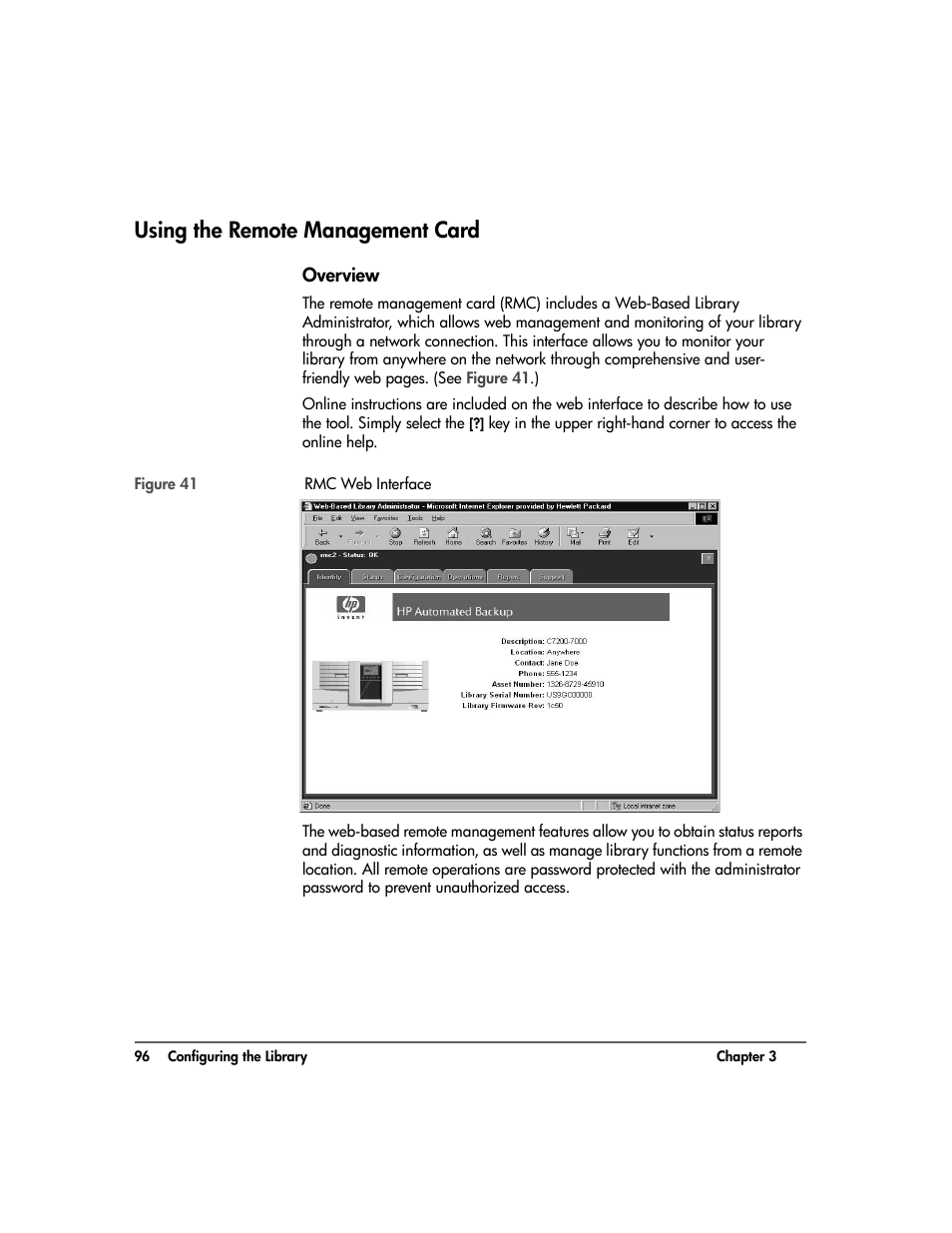 Using the remote management card, Overview, Using the remote management card 96 | Overview 96, Using the, Remote management card | HP Surestore 10.100 Tape Library User Manual | Page 98 / 238