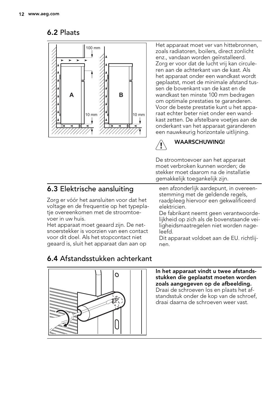 2 plaats, 3 elektrische aansluiting, 4 afstandsstukken achterkant | AEG S74300DSM0 User Manual | Page 12 / 72