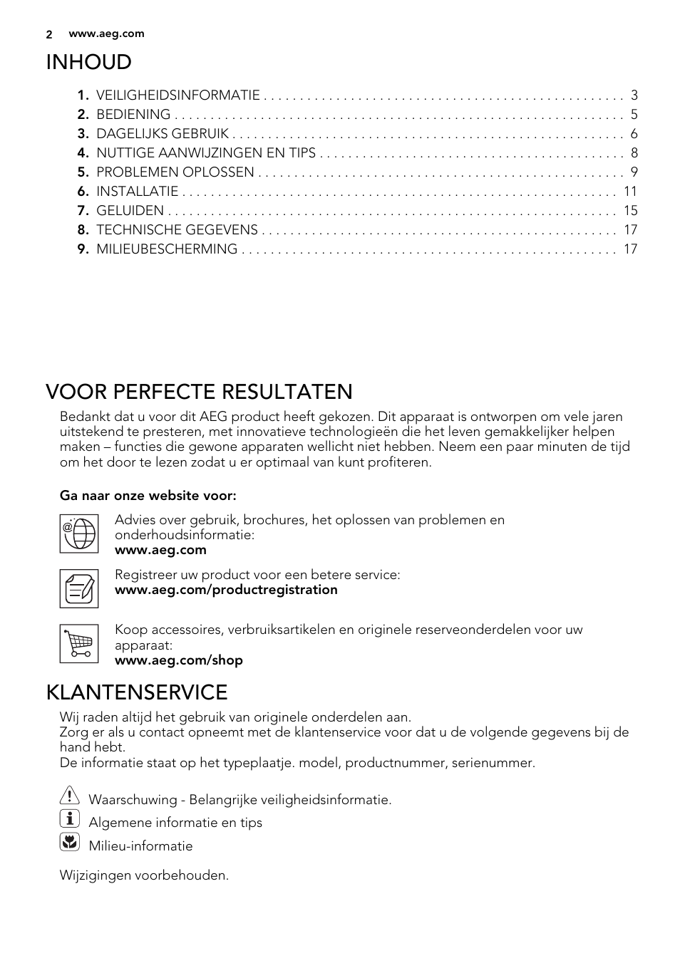 Inhoud, Voor perfecte resultaten, Klantenservice | AEG S74300DSM0 User Manual | Page 2 / 72