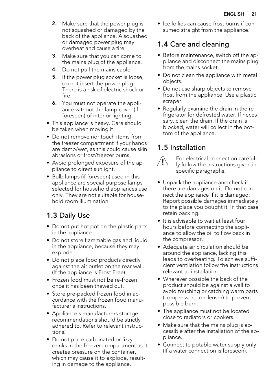 3 daily use, 4 care and cleaning, 5 installation | AEG S74300DSM0 User Manual | Page 21 / 72