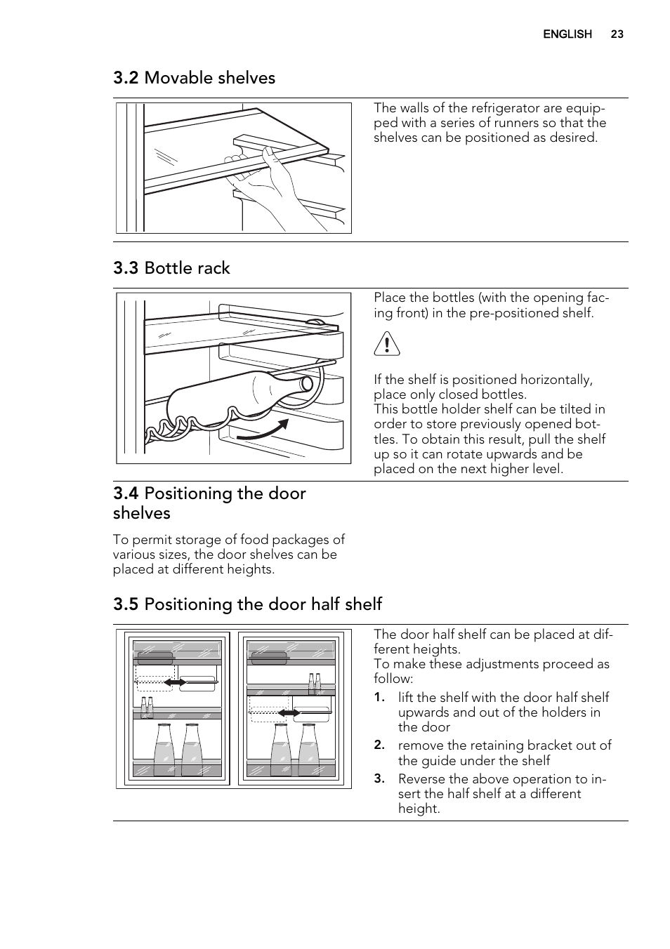 2 movable shelves, 3 bottle rack, 4 positioning the door shelves | 5 positioning the door half shelf | AEG S74300DSM0 User Manual | Page 23 / 72