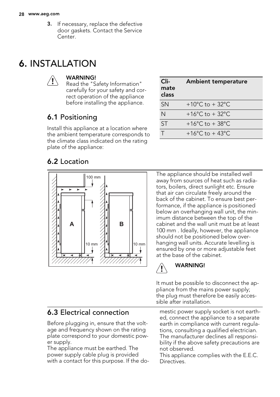 Installation, 1 positioning, 2 location | 3 electrical connection | AEG S74300DSM0 User Manual | Page 28 / 72