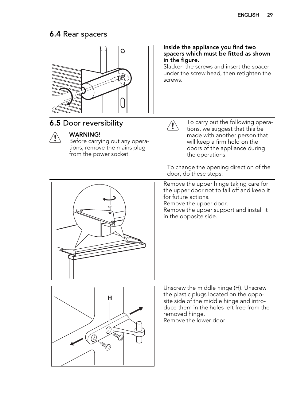 4 rear spacers, 5 door reversibility | AEG S74300DSM0 User Manual | Page 29 / 72