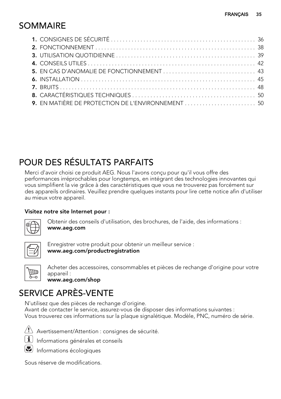 Sommaire, Pour des résultats parfaits, Service après-vente | AEG S74300DSM0 User Manual | Page 35 / 72