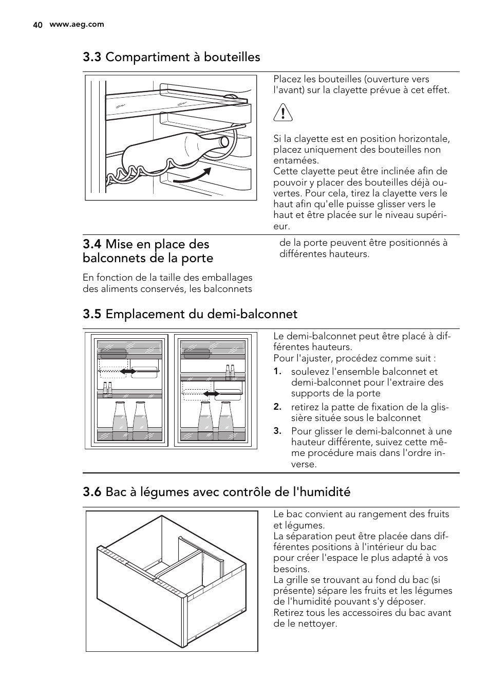 3 compartiment à bouteilles, 4 mise en place des balconnets de la porte, 5 emplacement du demi-balconnet | 6 bac à légumes avec contrôle de l'humidité | AEG S74300DSM0 User Manual | Page 40 / 72