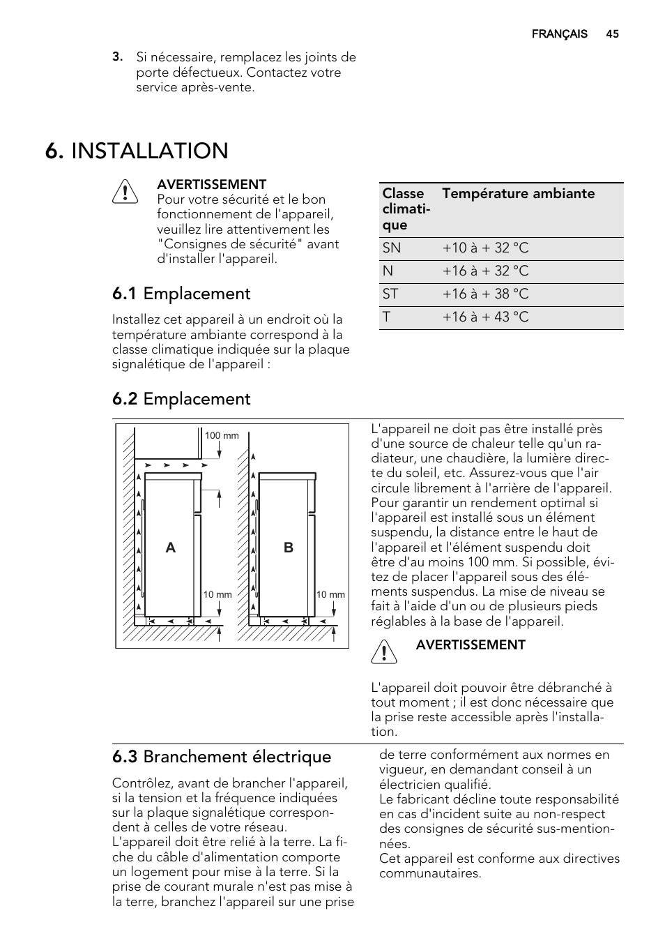 Installation, 1 emplacement, 2 emplacement | 3 branchement électrique | AEG S74300DSM0 User Manual | Page 45 / 72