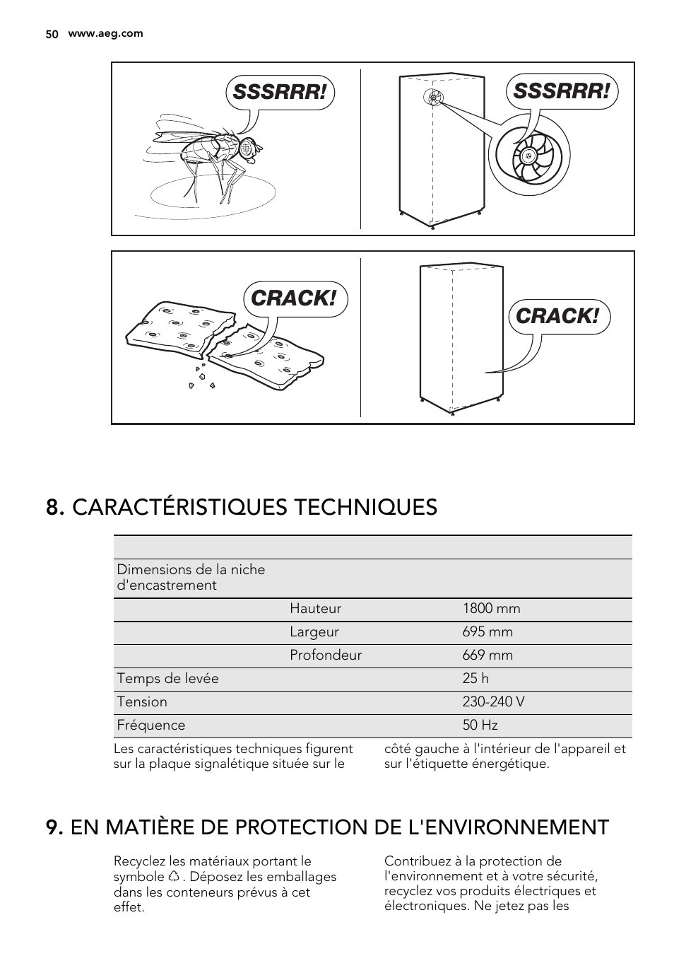 Caractéristiques techniques, Sssrrr, Crack | En matière de protection de l'environnement | AEG S74300DSM0 User Manual | Page 50 / 72