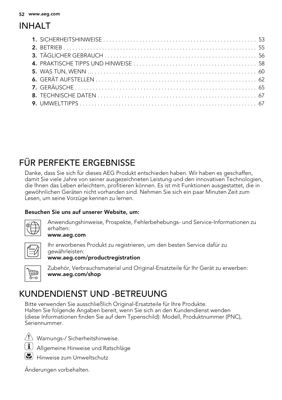 Inhalt, Für perfekte ergebnisse, Kundendienst und -betreuung | AEG S74300DSM0 User Manual | Page 52 / 72