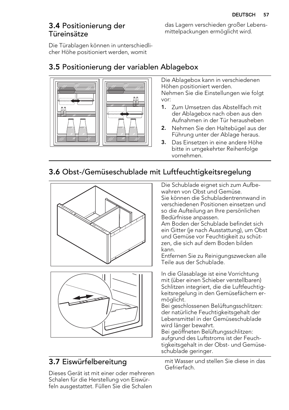 4 positionierung der türeinsätze, 5 positionierung der variablen ablagebox, 7 eiswürfelbereitung | AEG S74300DSM0 User Manual | Page 57 / 72