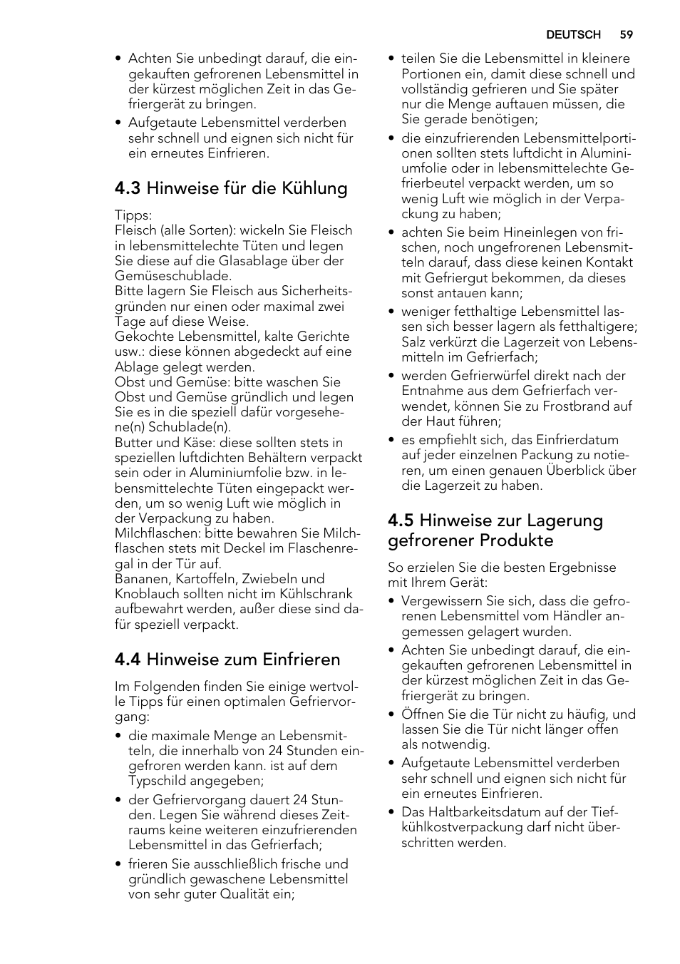 3 hinweise für die kühlung, 4 hinweise zum einfrieren, 5 hinweise zur lagerung gefrorener produkte | AEG S74300DSM0 User Manual | Page 59 / 72