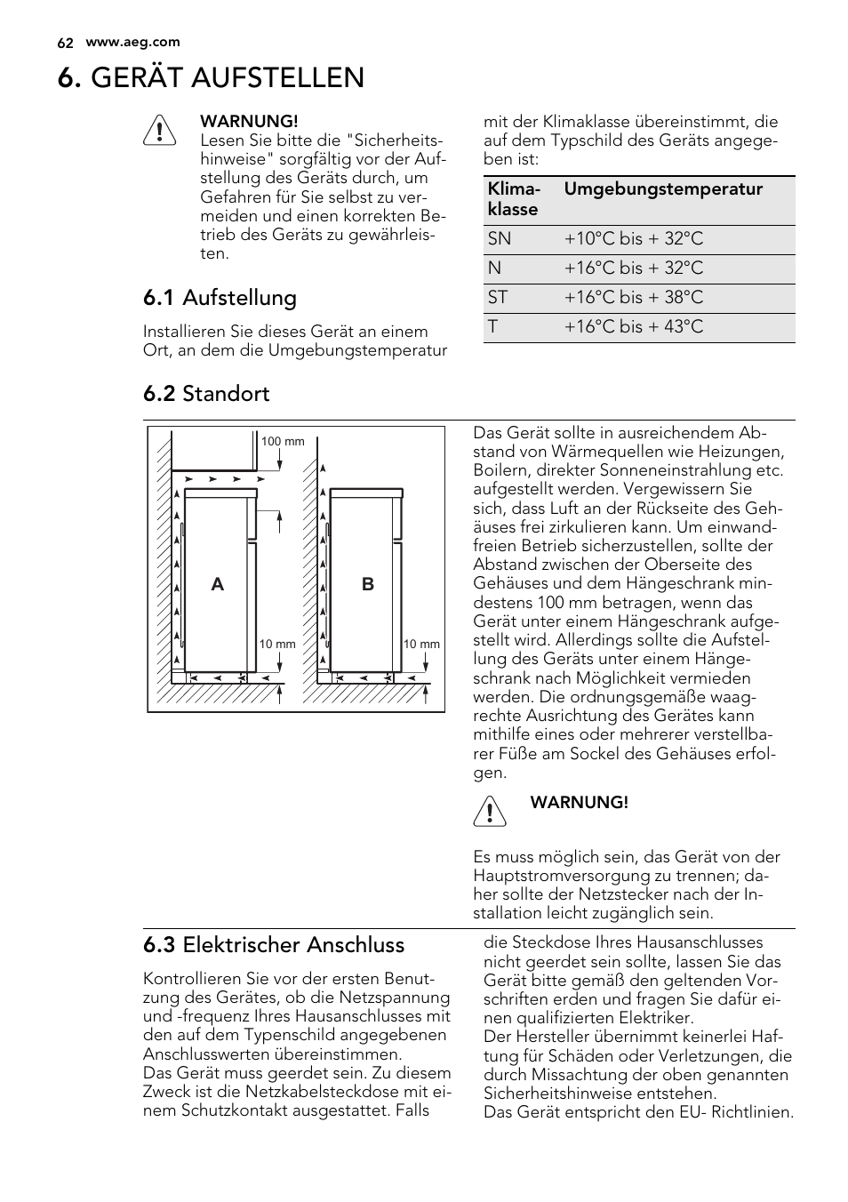 Gerät aufstellen, 1 aufstellung, 2 standort | 3 elektrischer anschluss | AEG S74300DSM0 User Manual | Page 62 / 72