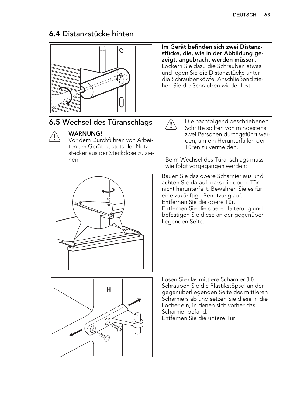 4 distanzstücke hinten, 5 wechsel des türanschlags | AEG S74300DSM0 User Manual | Page 63 / 72