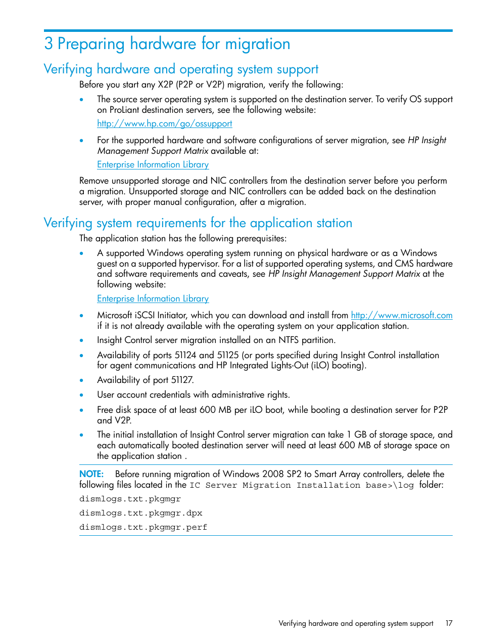 3 preparing hardware for migration, Verifying hardware and operating system support | HP Insight Foundation Software for ProLiant User Manual | Page 17 / 87