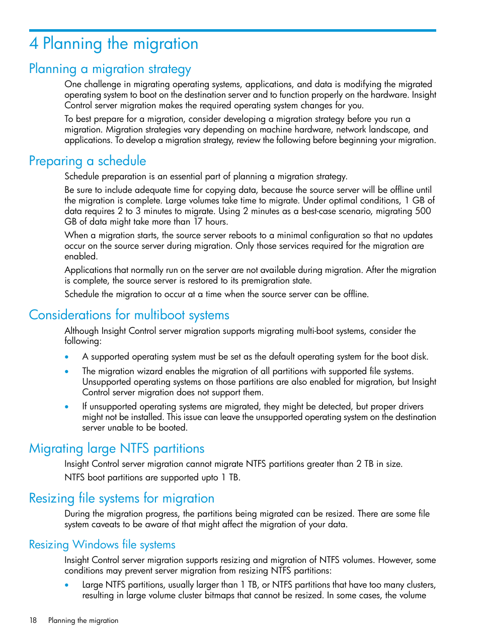 4 planning the migration, Planning a migration strategy, Preparing a schedule | Considerations for multiboot systems, Migrating large ntfs partitions, Resizing file systems for migration, Resizing windows file systems | HP Insight Foundation Software for ProLiant User Manual | Page 18 / 87