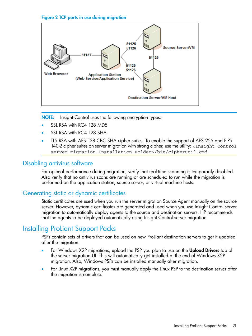 Disabling antivirus software, Generating static or dynamic certificates, Installing proliant support packs | HP Insight Foundation Software for ProLiant User Manual | Page 21 / 87