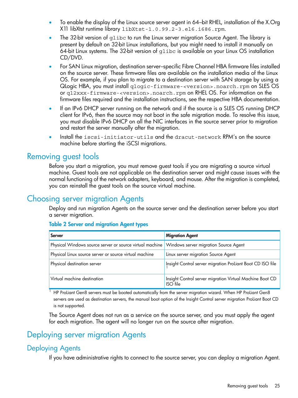 Removing guest tools, Choosing server migration agents, Deploying server migration agents | Deploying agents | HP Insight Foundation Software for ProLiant User Manual | Page 25 / 87