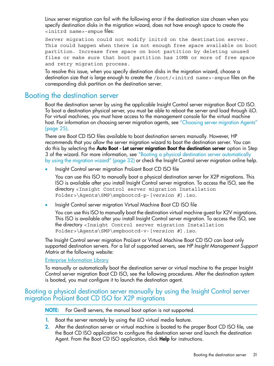 Booting the destination server | HP Insight Foundation Software for ProLiant User Manual | Page 31 / 87