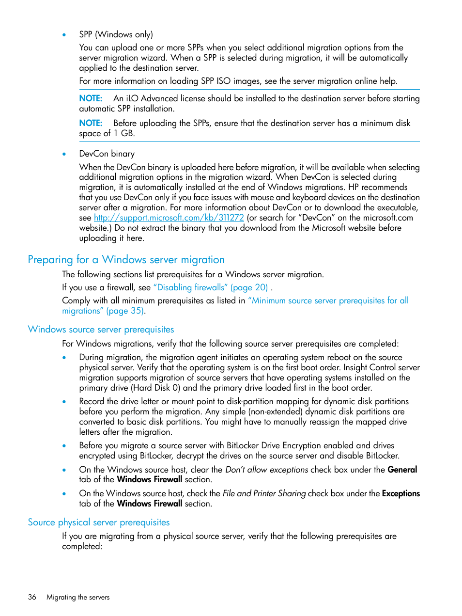 Preparing for a windows server migration, Windows source server prerequisites, Source physical server prerequisites | HP Insight Foundation Software for ProLiant User Manual | Page 36 / 87