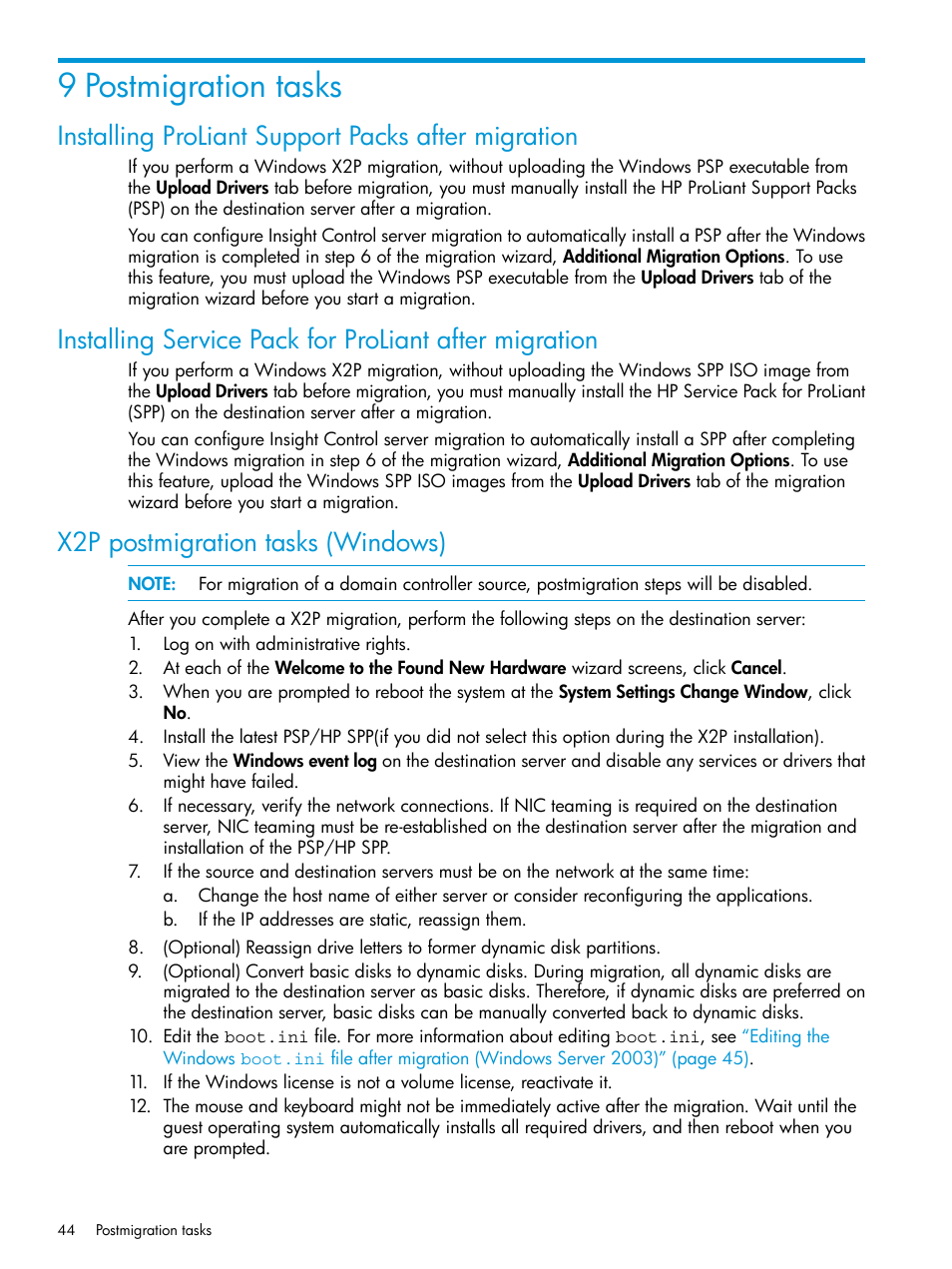 9 postmigration tasks, Installing proliant support packs after migration, X2p postmigration tasks (windows) | HP Insight Foundation Software for ProLiant User Manual | Page 44 / 87