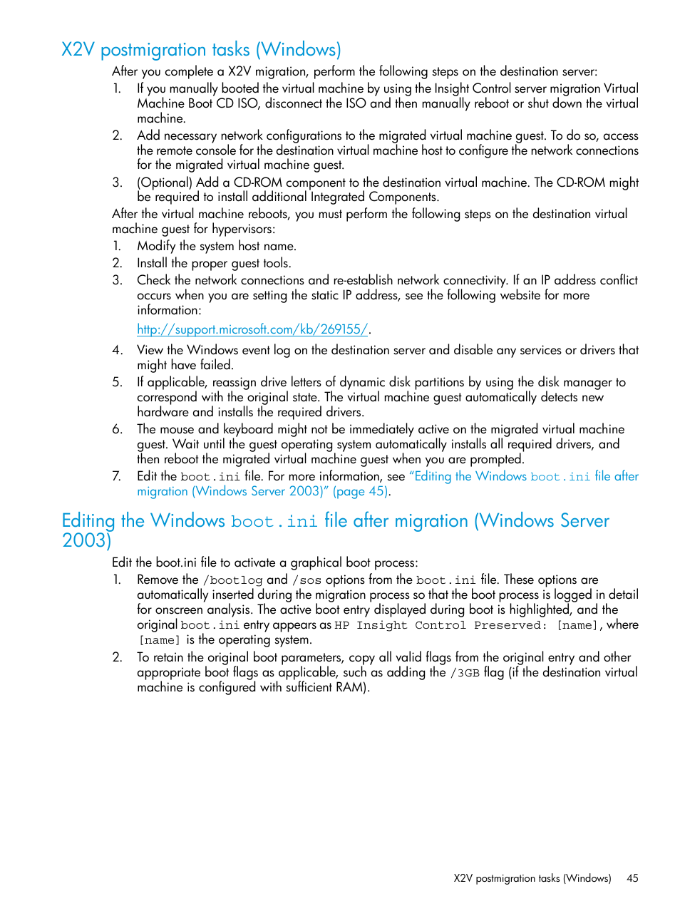 X2v postmigration tasks (windows) | HP Insight Foundation Software for ProLiant User Manual | Page 45 / 87