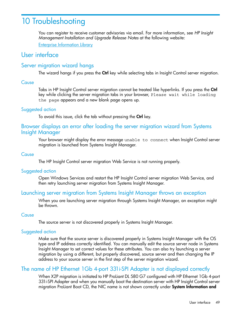 10 troubleshooting, User interface, Server migration wizard hangs | Cause, Suggested action, Cause suggested action | HP Insight Foundation Software for ProLiant User Manual | Page 49 / 87