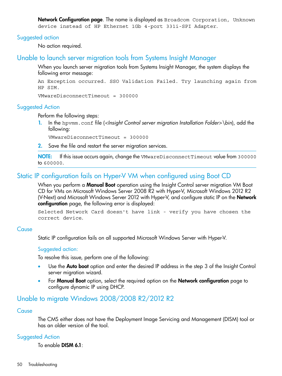 Suggested action, Cause, Unable to migrate windows 2008/2008 r2/2012 r2 | Cause suggested action | HP Insight Foundation Software for ProLiant User Manual | Page 50 / 87