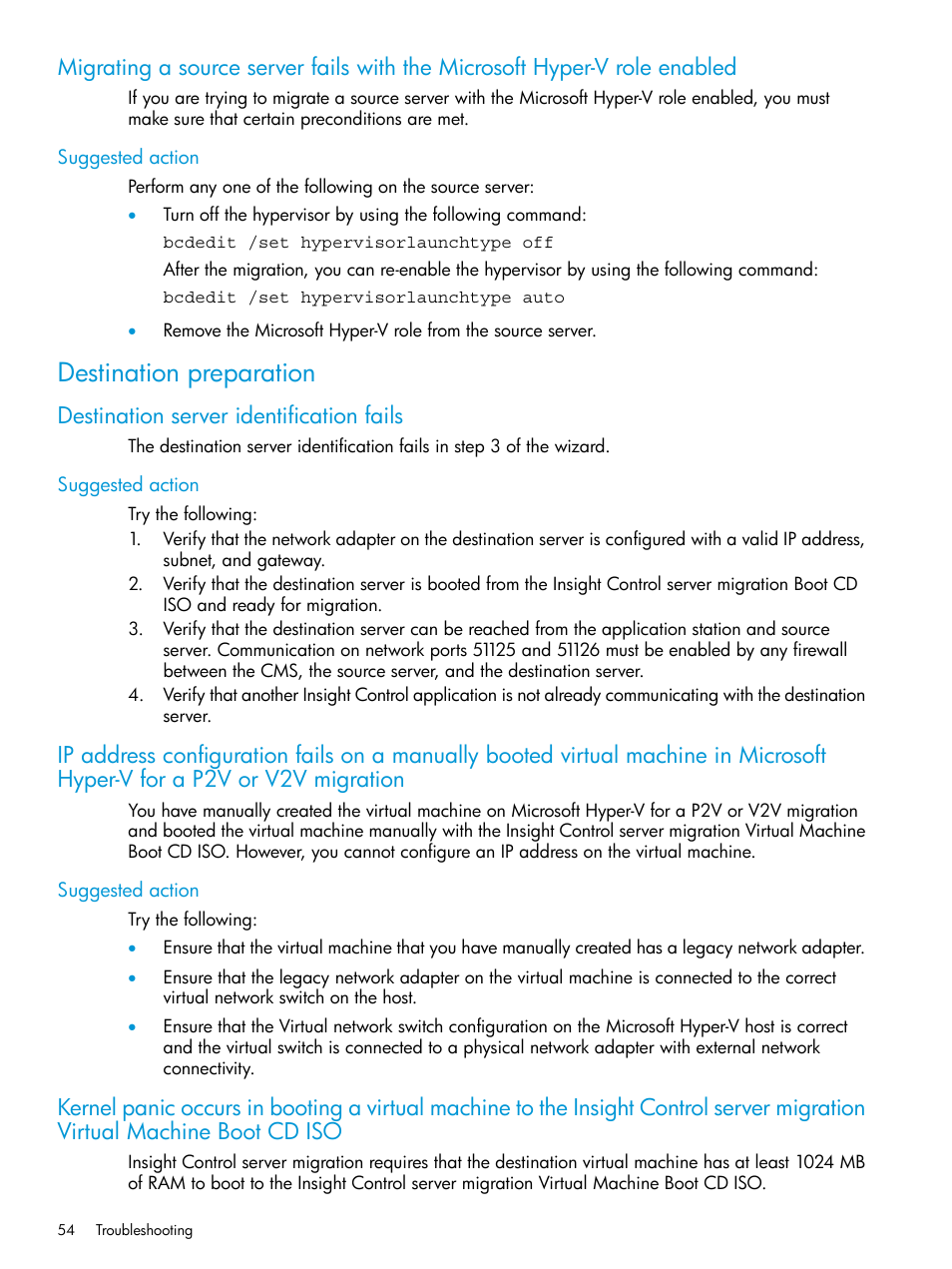 Suggested action, Destination preparation, Destination server identification fails | HP Insight Foundation Software for ProLiant User Manual | Page 54 / 87