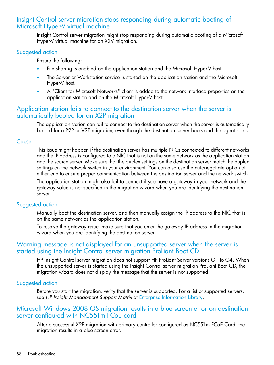 Suggested action, Cause, Cause suggested action | HP Insight Foundation Software for ProLiant User Manual | Page 58 / 87