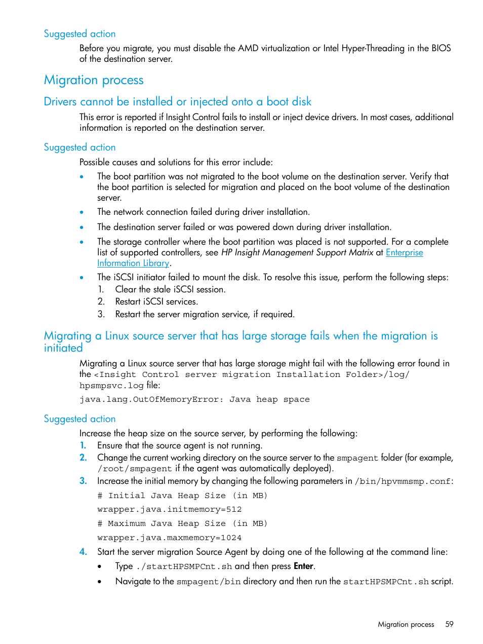 Suggested action, Migration process | HP Insight Foundation Software for ProLiant User Manual | Page 59 / 87